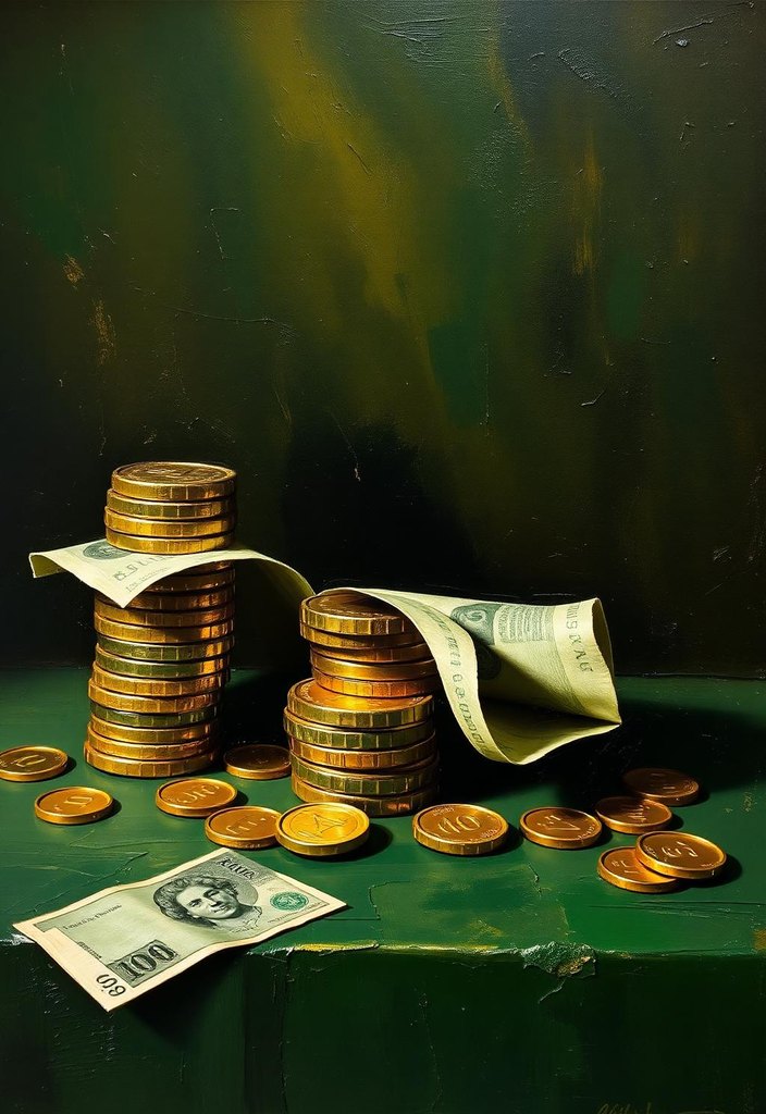 Gemaltes Stillleben mit Goldmünzen und Banknoten