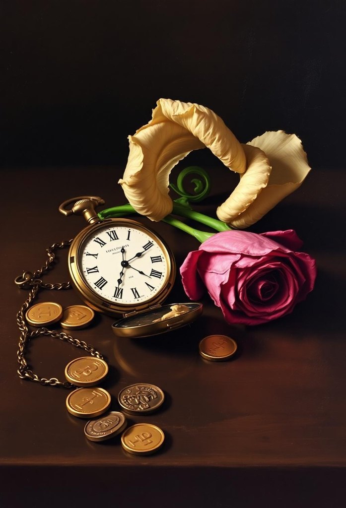 Gemälde Stillleben mit Taschenuhr und Münzen